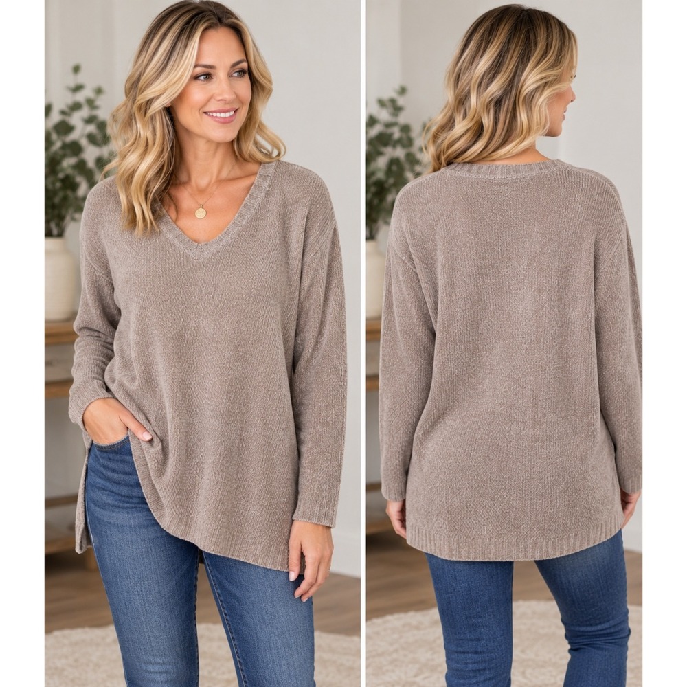 Express Tricot Vintage V Neck Tunic Sweater Women Large Taupe Pullover